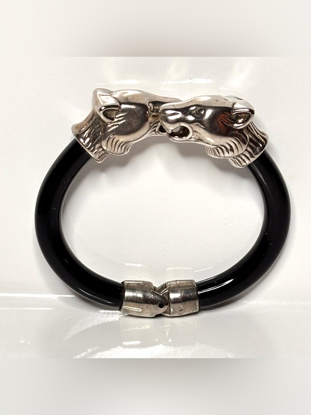 vintage silver tone double 3D bear heads top hinged black bangle bracelet